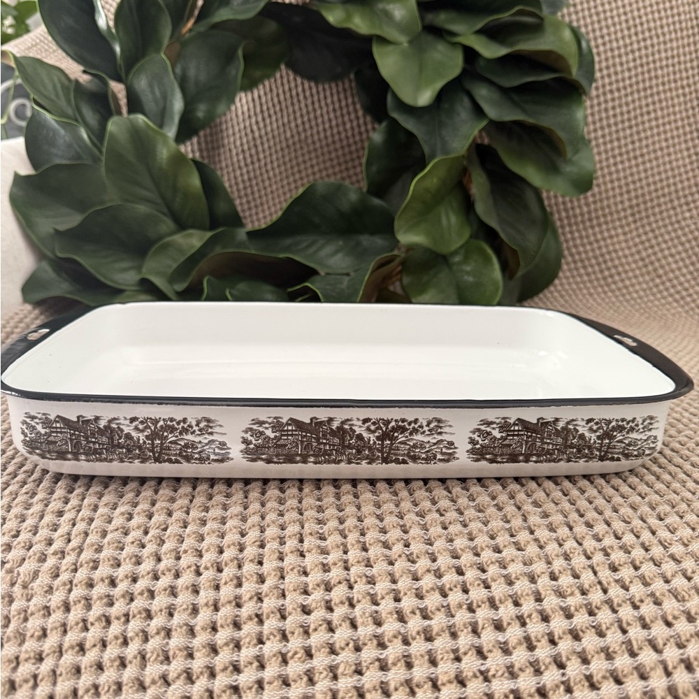 Rectangular White Enamel Baking Dish with Brown Scenic Border